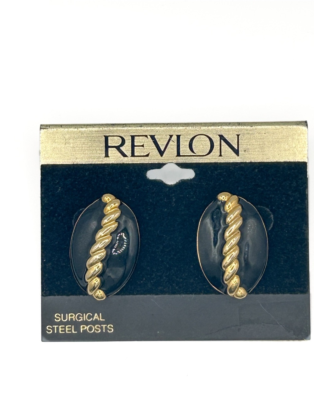 Vintage Revlon Black Oval Earrings with Gold Rope Detail